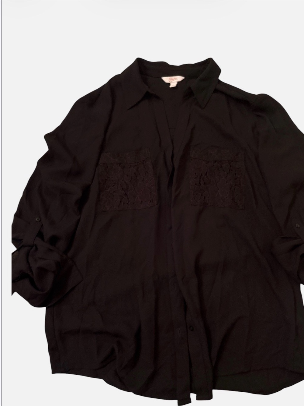 Candie's Black Long-Sleeve Button-Down Shirt with Lace Pockets